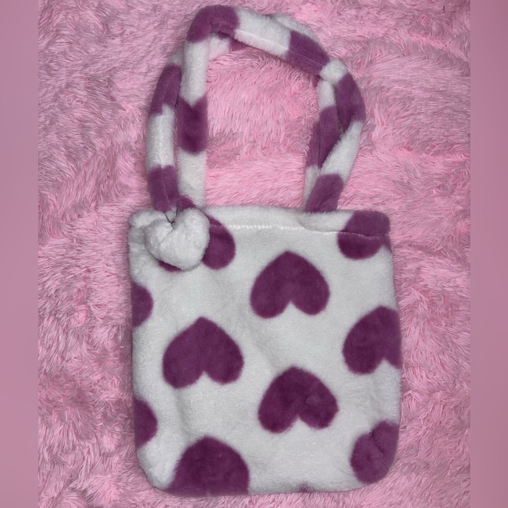 Pink Heart Patterned Plush Tote Bag with detachable heart charm
